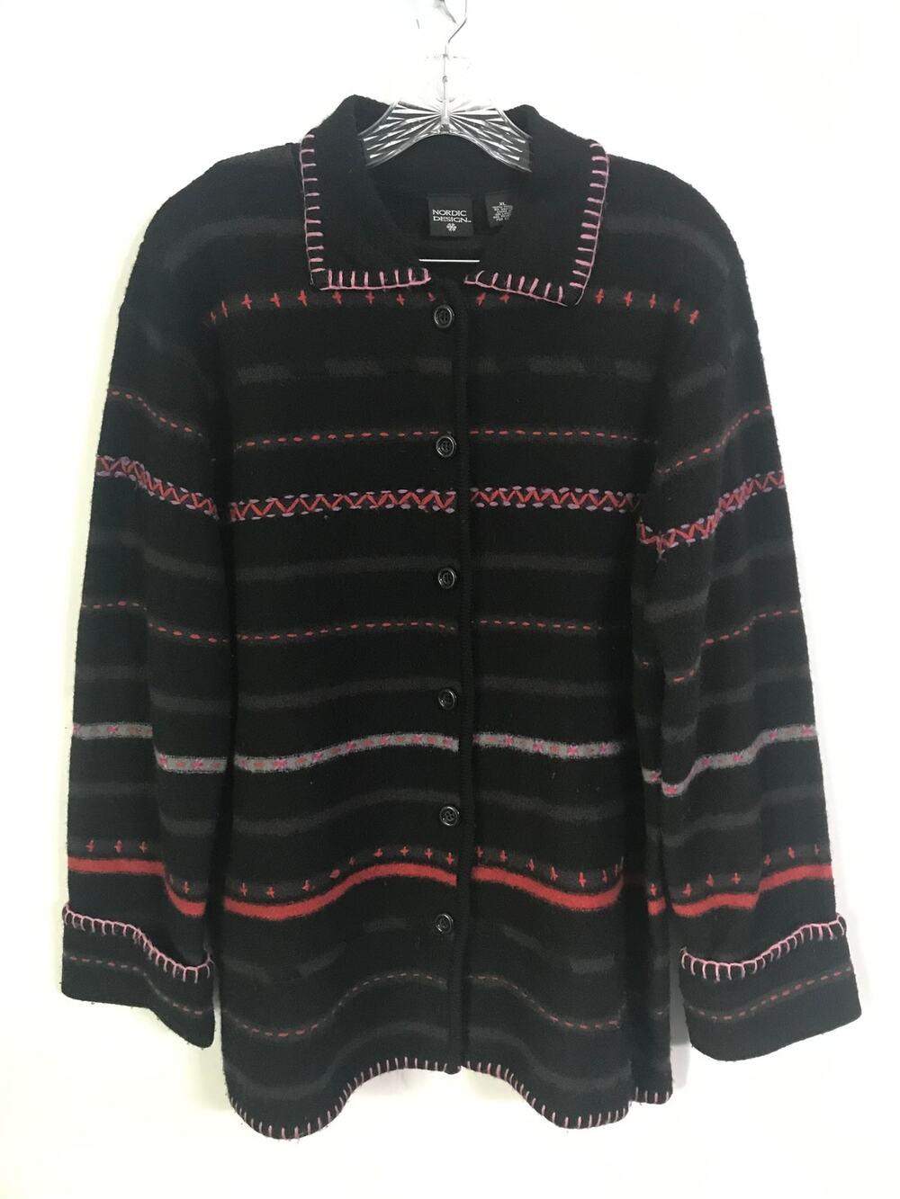 Vintage Nordic Design Wool Black Cardigan Jacket Blanket Stitch Embroidered  L